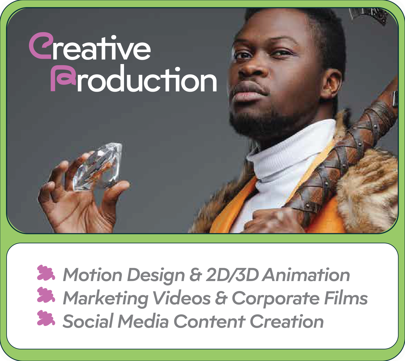 Creative Production : Motion Design & 2D/3D Animation, Marketing Videos & Corporate Films, Social Media Content Creation